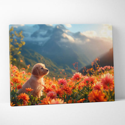 Fluffy golden puppy in orange pink meadow flowers, misty mountains, canvas art