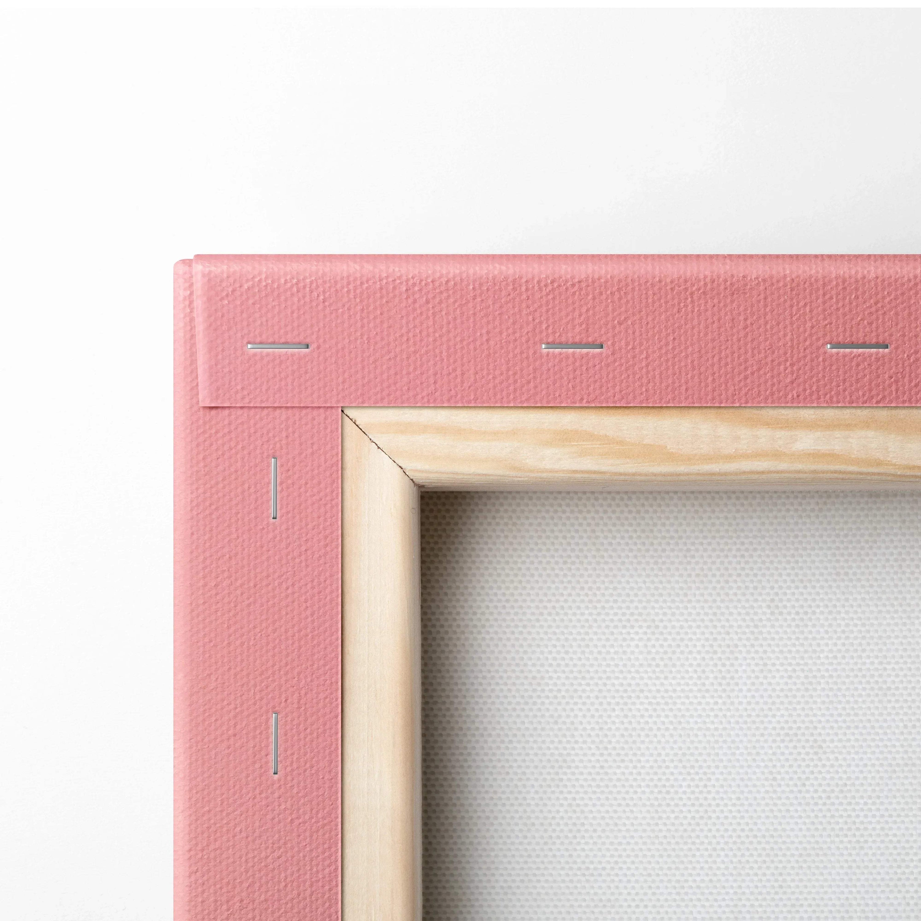 Pink textured canvas frame with light wood border, romantic rose art