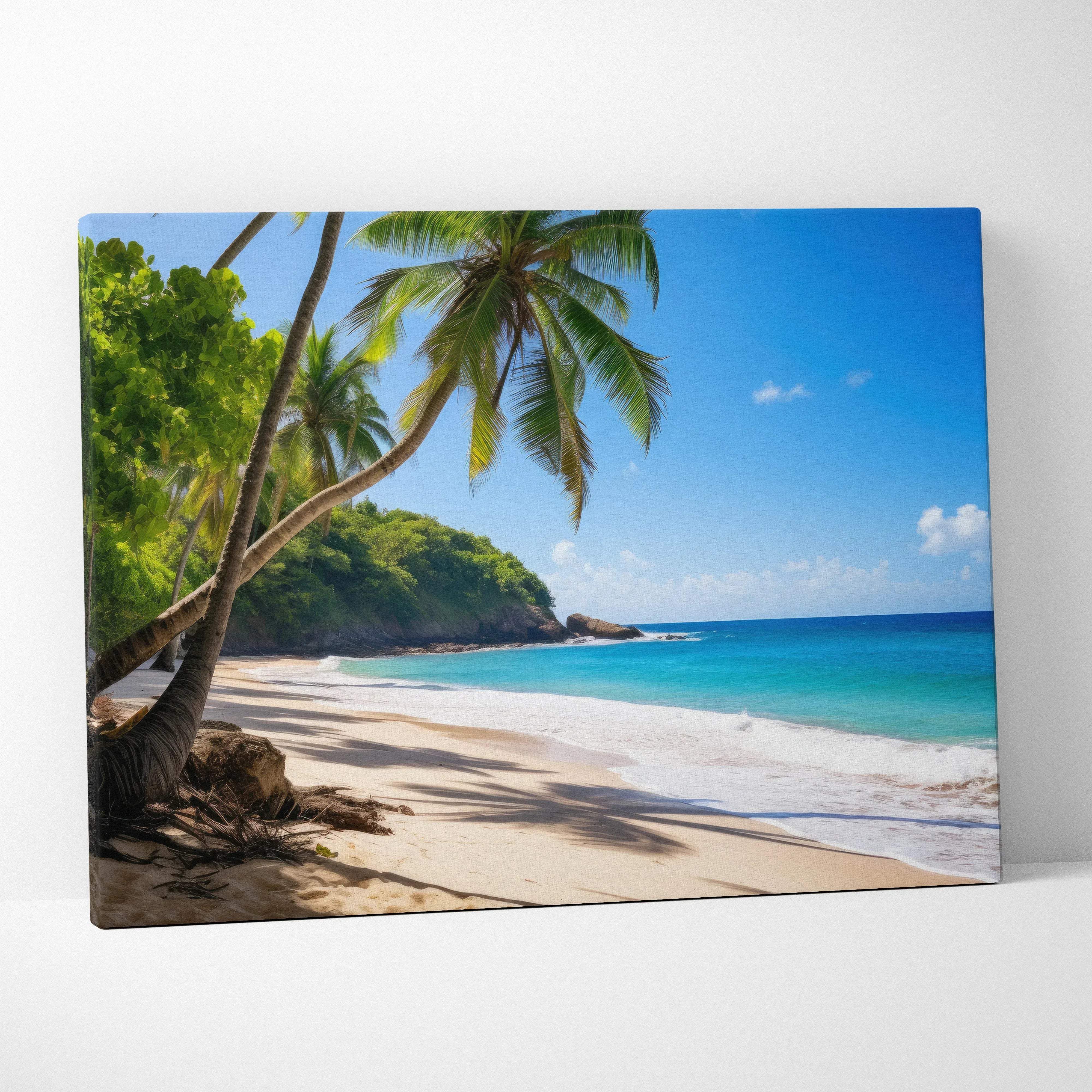 Tropical beach canvas print with turquoise ocean, palm trees, golden sands