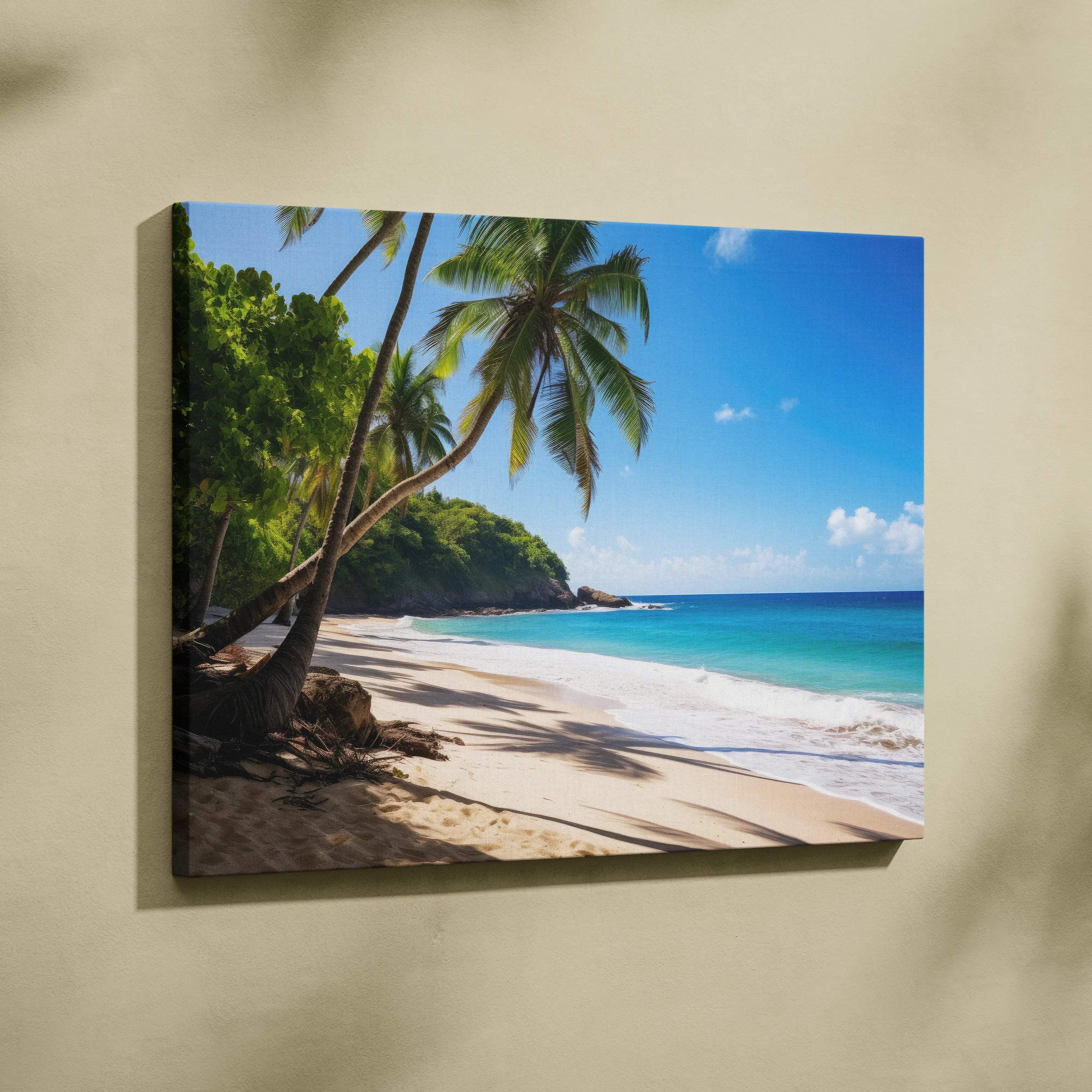 Beige-framed canvas print of tropical beach with palm trees, turquoise ocean, golden sands