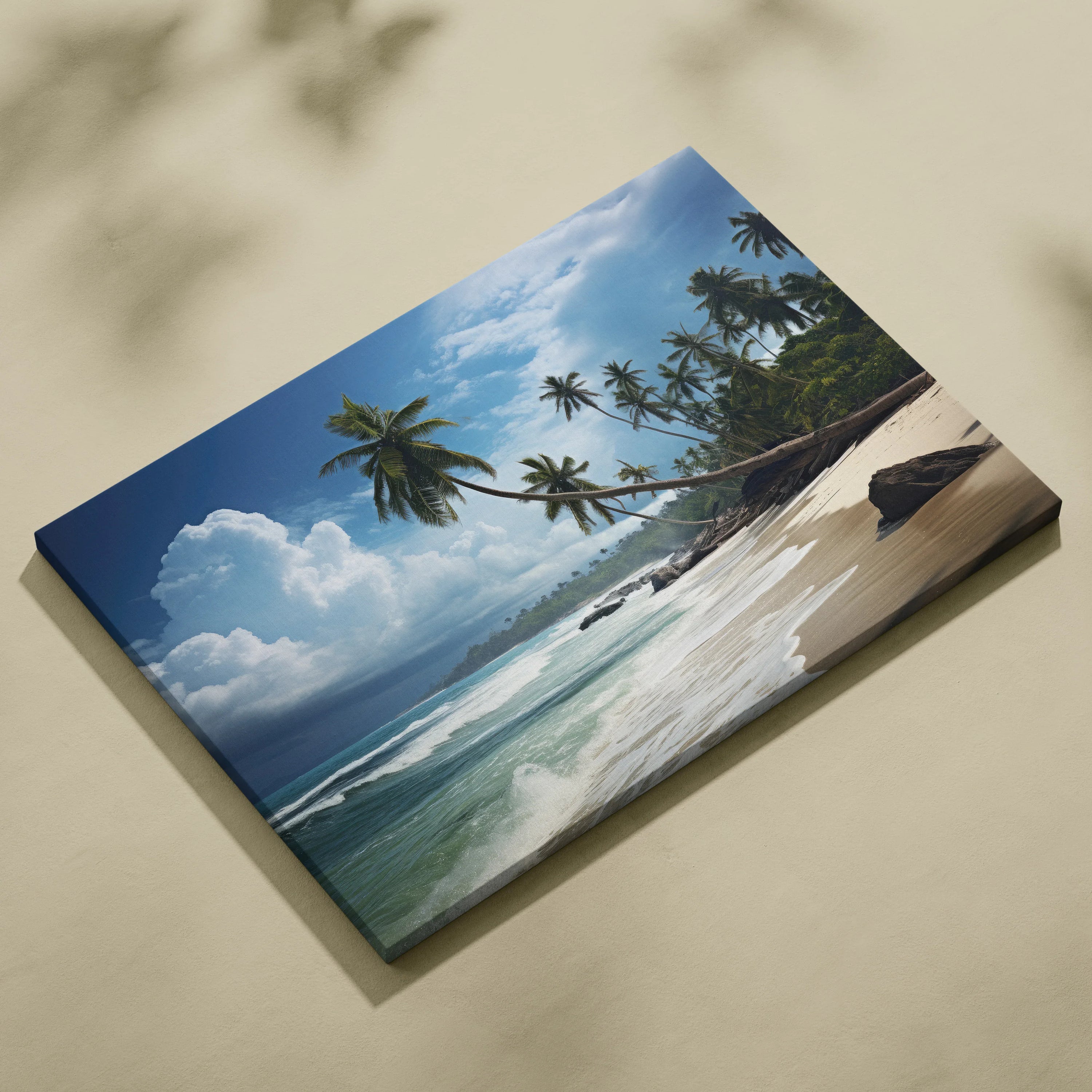 Canvas wall art featuring a vibrant beach scene with blue sky, palm trees, sandy shore, and ocean waves.
