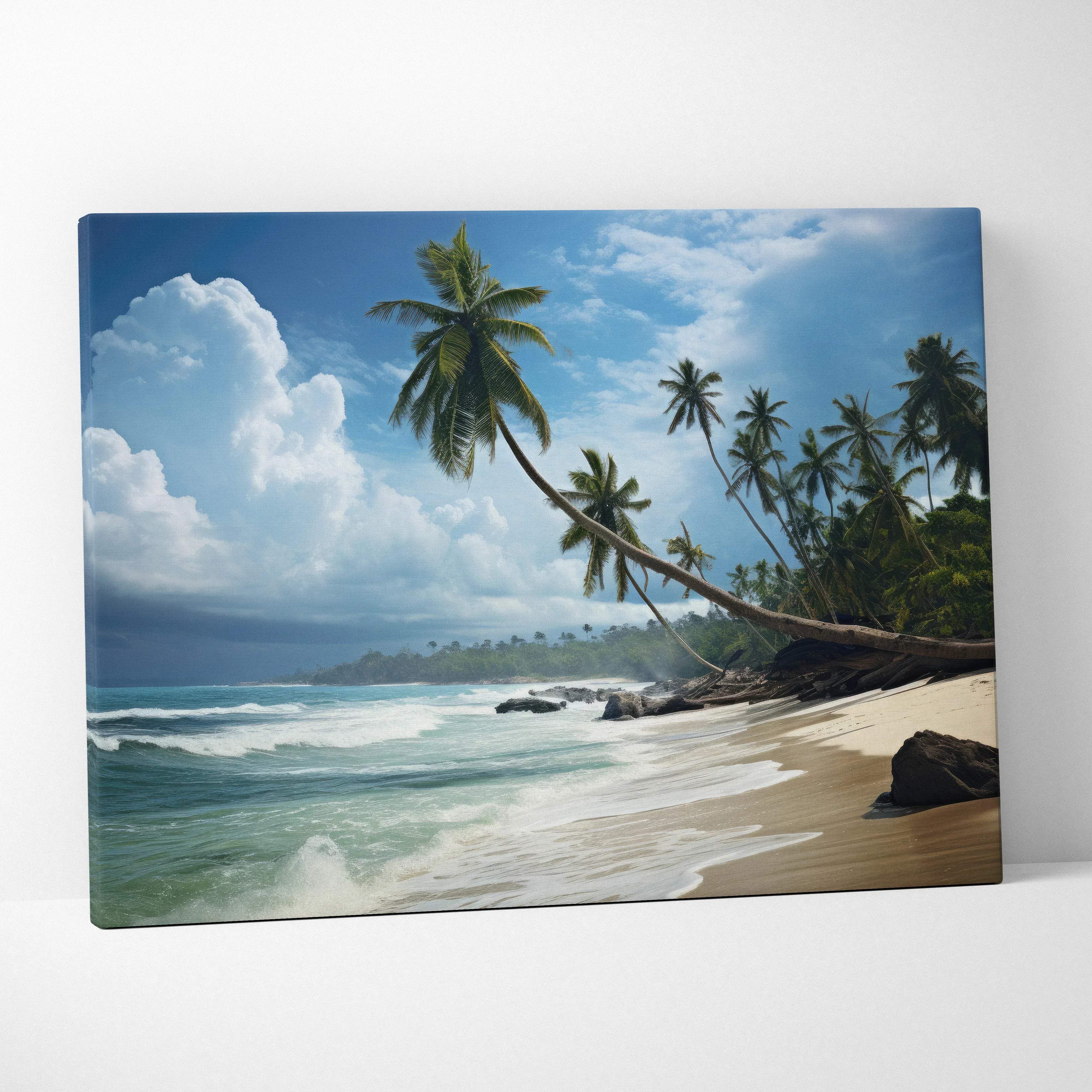 Coastal beach scene canvas wall art featuring a leaning palm tree turquoise ocean waves and white clouds on blue sky