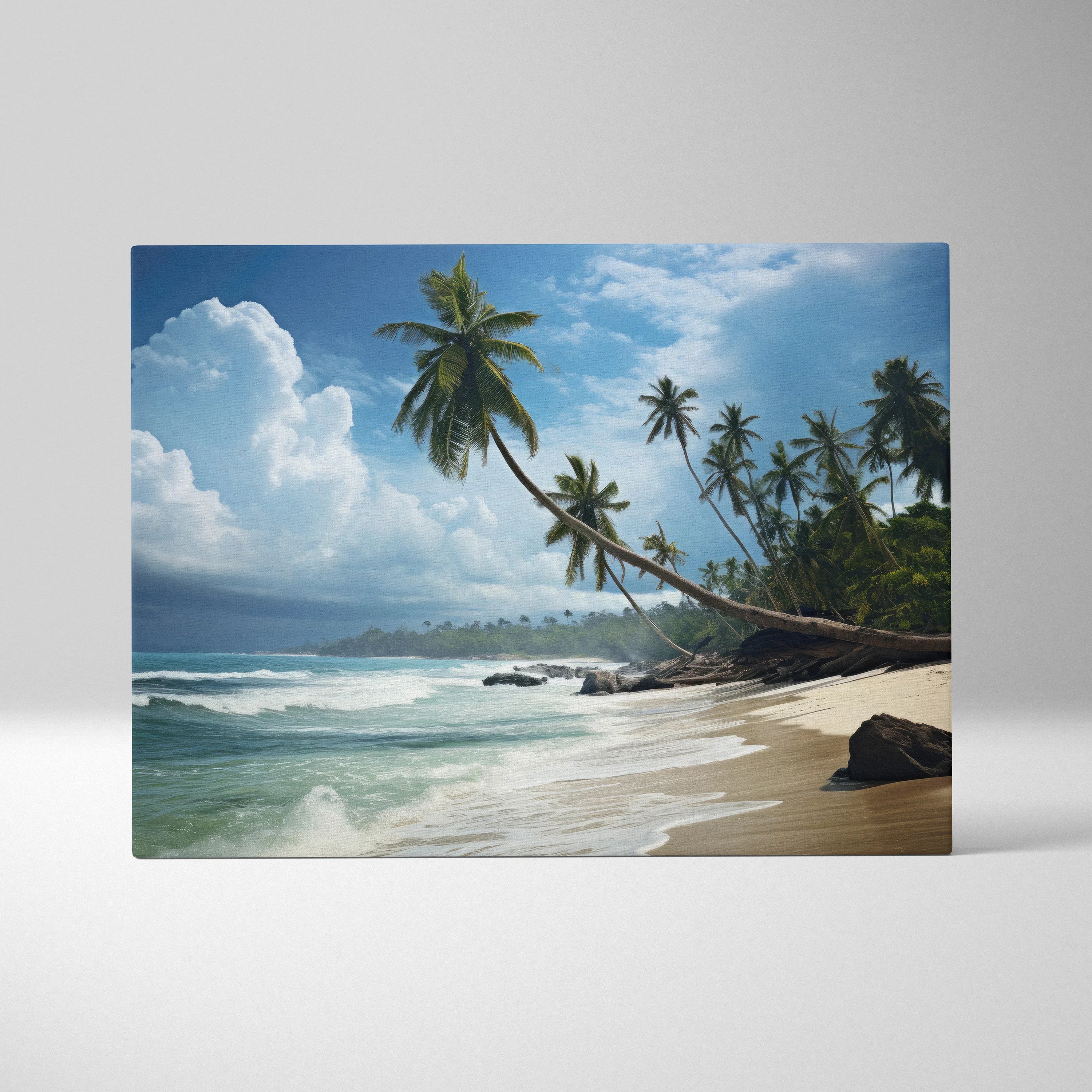 Canvas wall art featuring a tropical beach with turquoise waves, white sand, and leaning palm trees under a blue sky with.