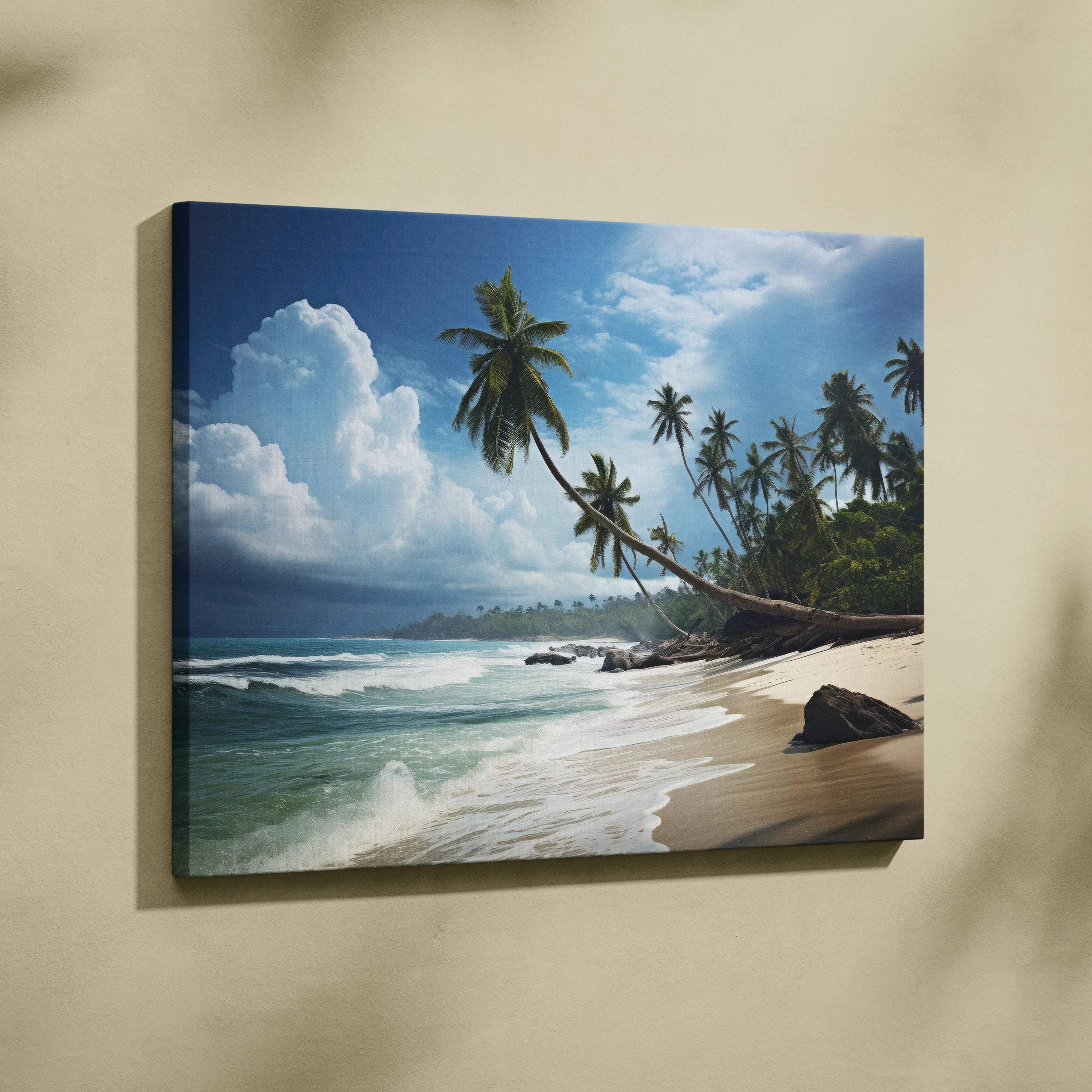 Beige-framed canvas wall art featuring a tropical beach scene with palm trees turquoise ocean and dramatic white clouds