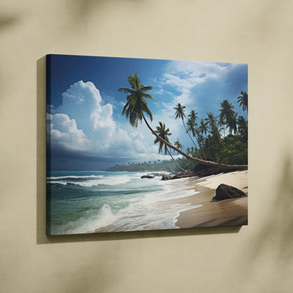 High-resolution canvas wall art featuring a tropical beach with palm trees, white sand, ocean waves, and a vibrant blue sky.