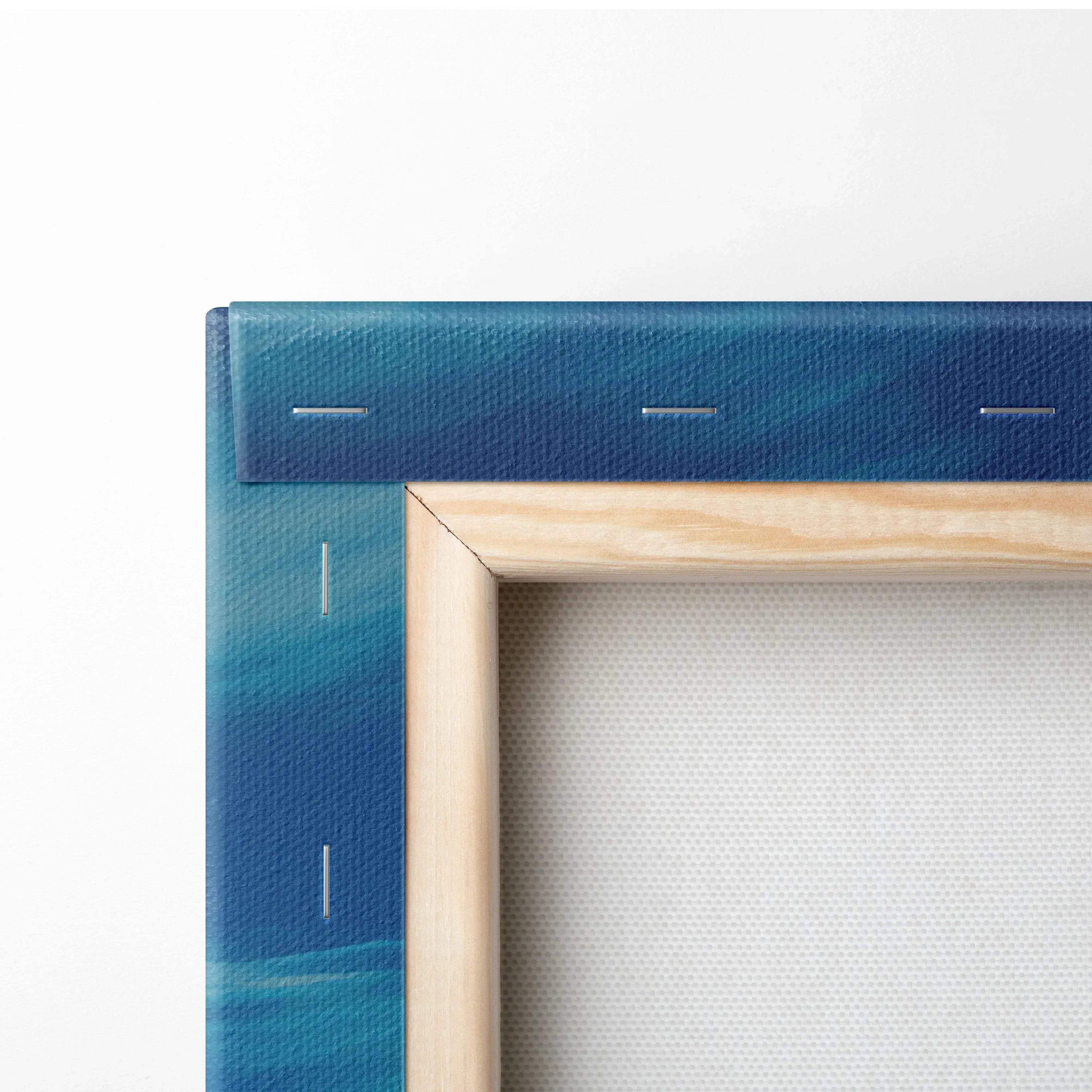 Blue canvas tropical Seychelles beach painting in light wood frame