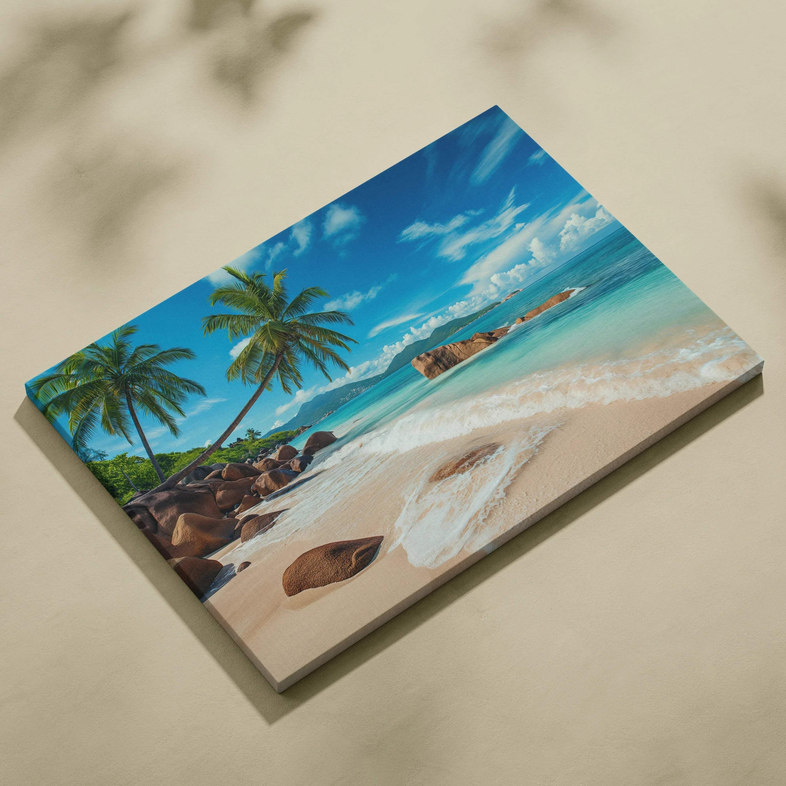 Seychelles beach canvas print with turquoise sea, palm trees, sandy shores