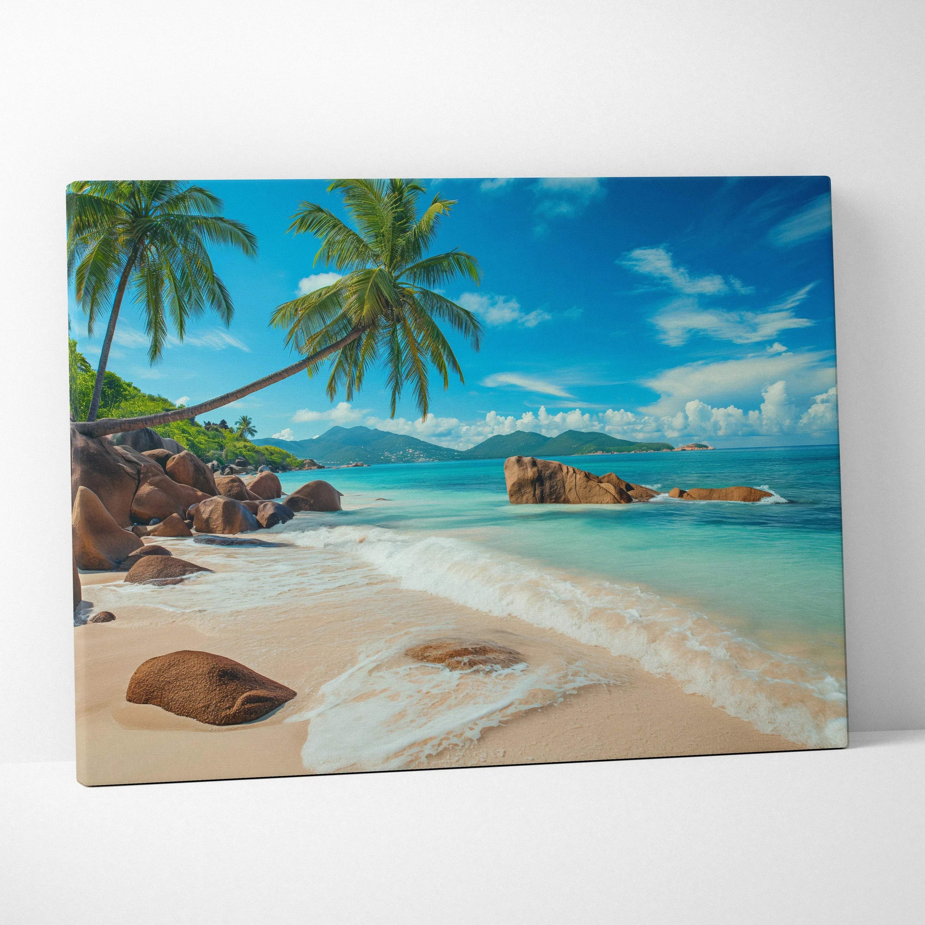 Seychelles beach canvas wall art with turquoise sea, palms, rocks