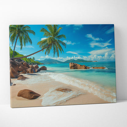 Seychelles beach canvas wall art with turquoise sea, palms, rocks