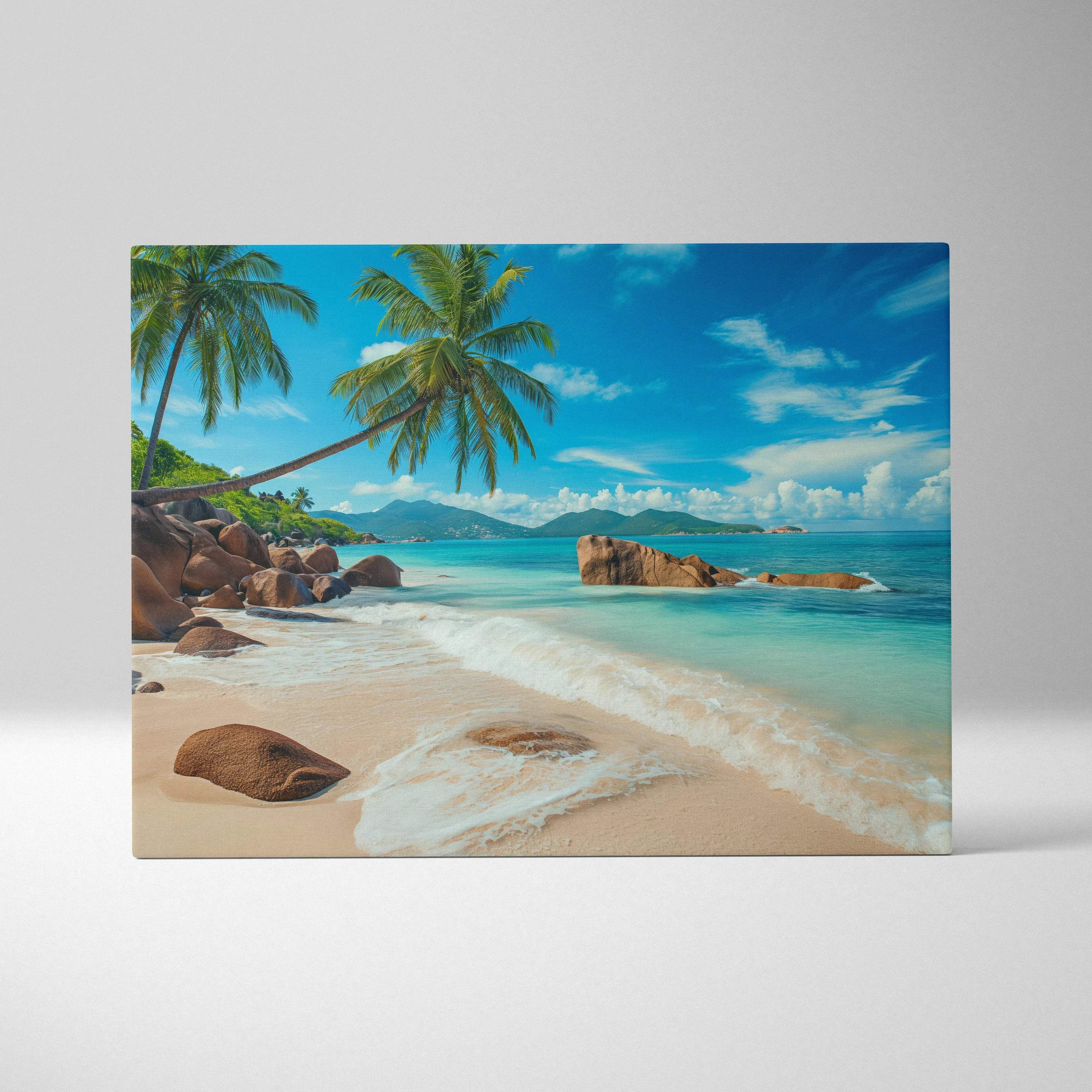 Seychelles beach canvas print with turquoise sea, palms, rocks