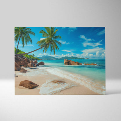 Seychelles beach canvas print with turquoise sea, palms, rocks