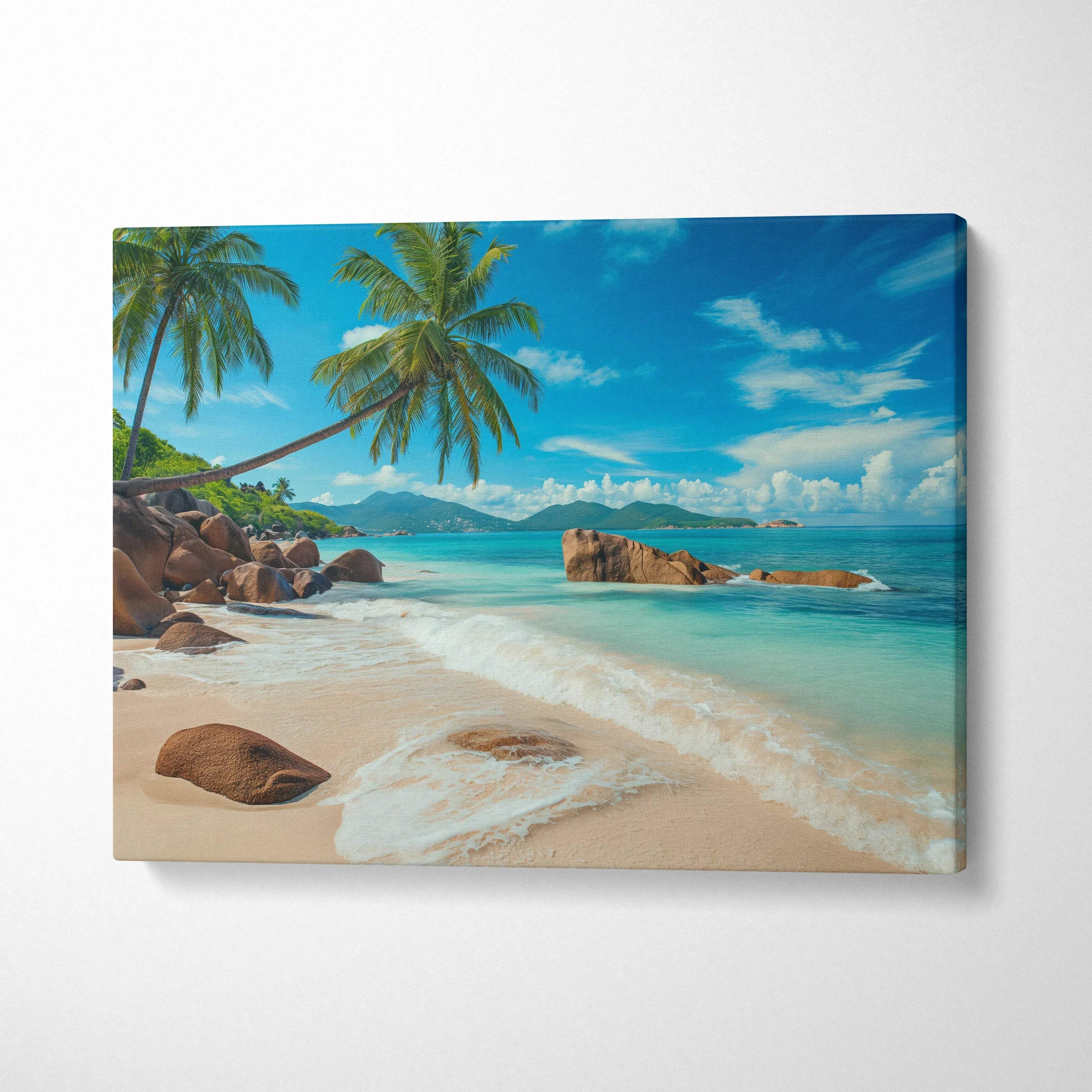 Seychelles beach canvas wall art with palm trees and turquoise sea