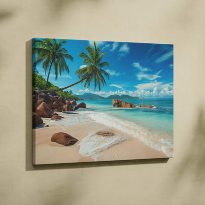 Vibrant Seychelles beach canvas art with turquoise sea, palm trees, rocky shores