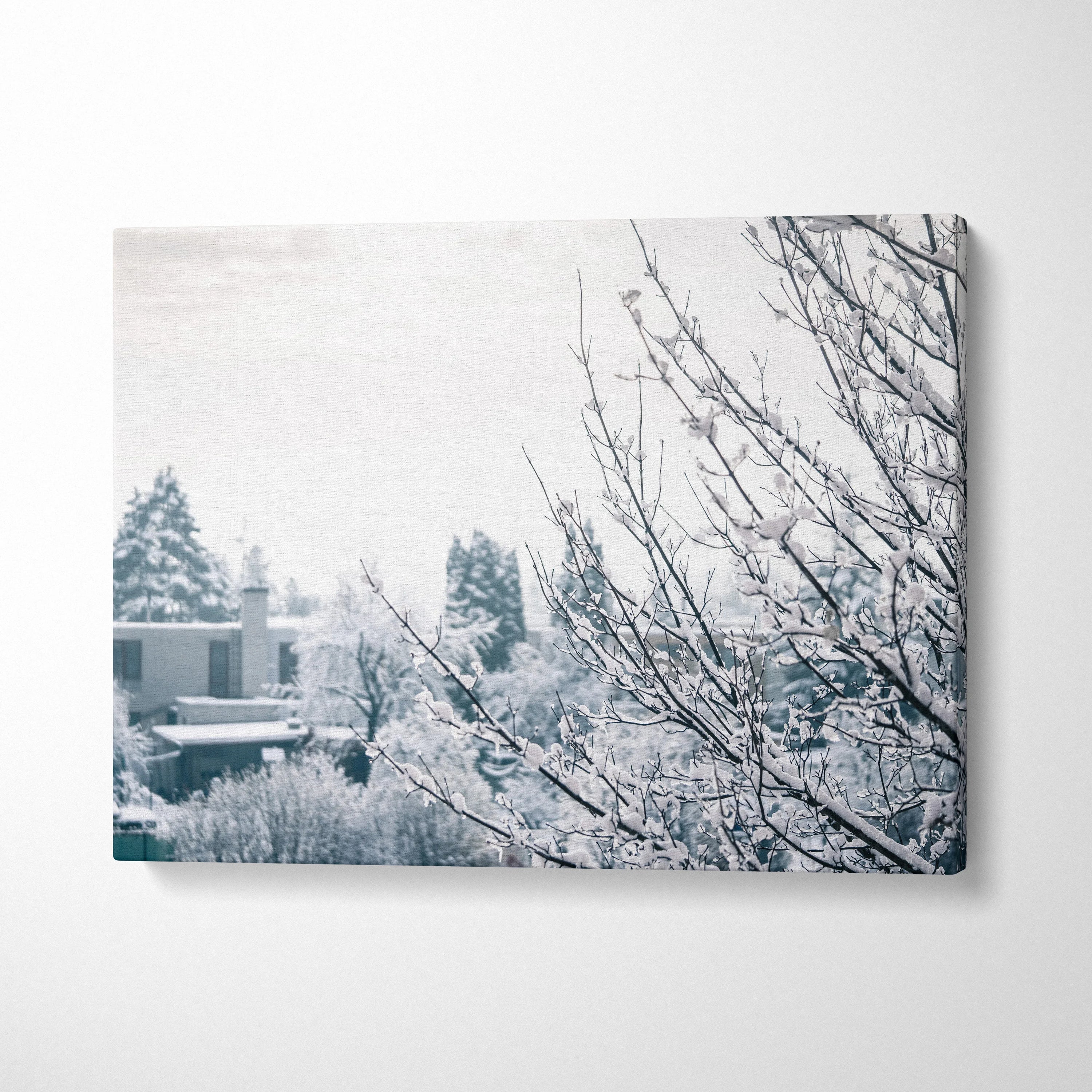 Winter canvas wall art showing snow-covered tree branches with soft, muted background decor tones.