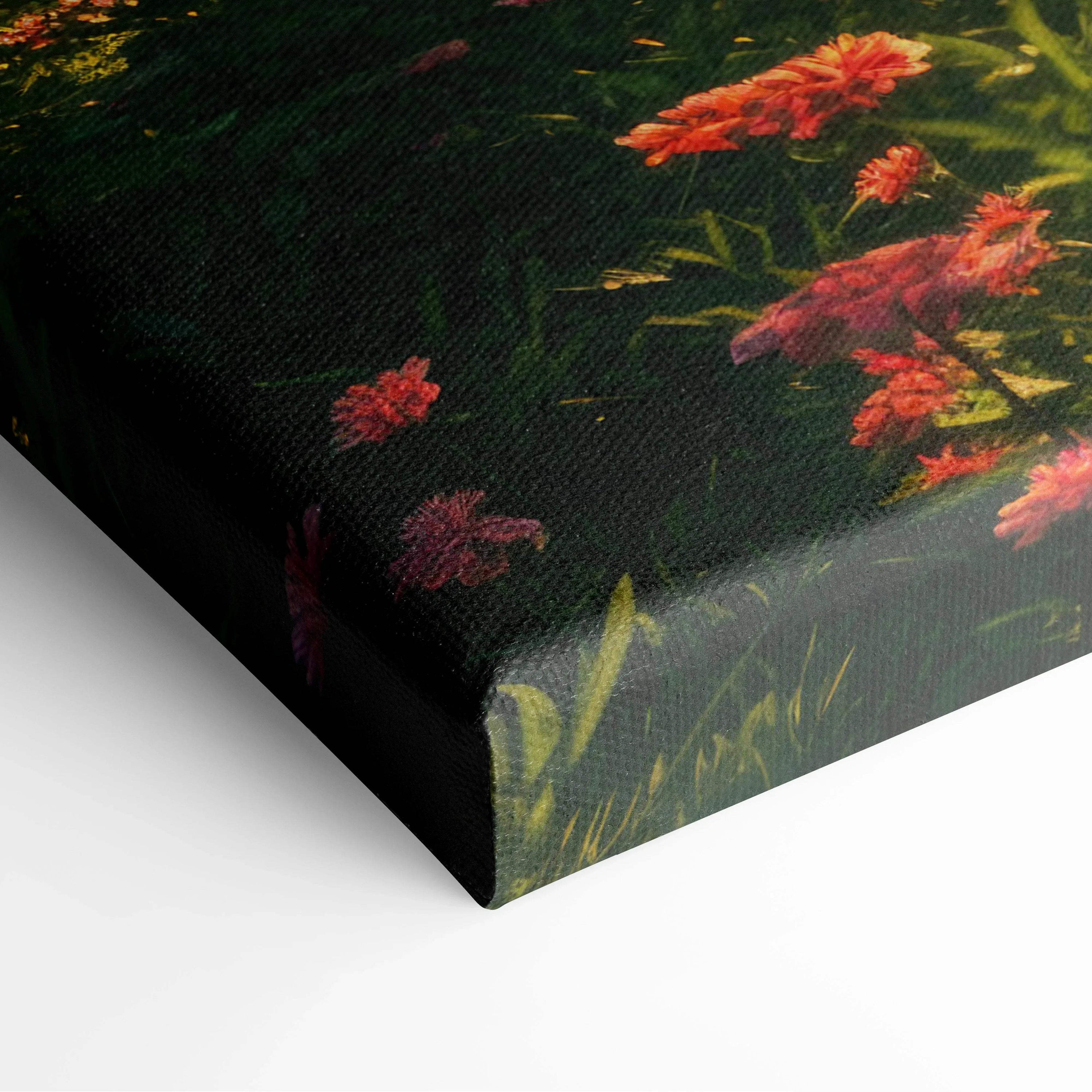 Canvas wall art featuring vibrant red and pink flowers against a dark forest background for serene living room decor.