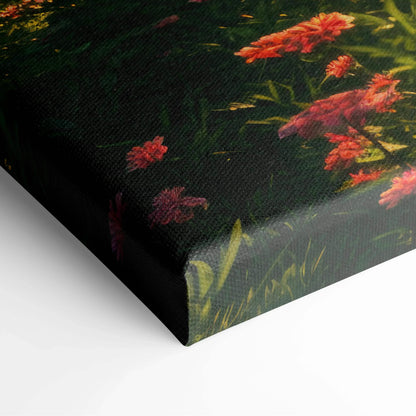 Canvas wall art featuring vibrant red and pink flowers against a dark forest background for serene living room decor.