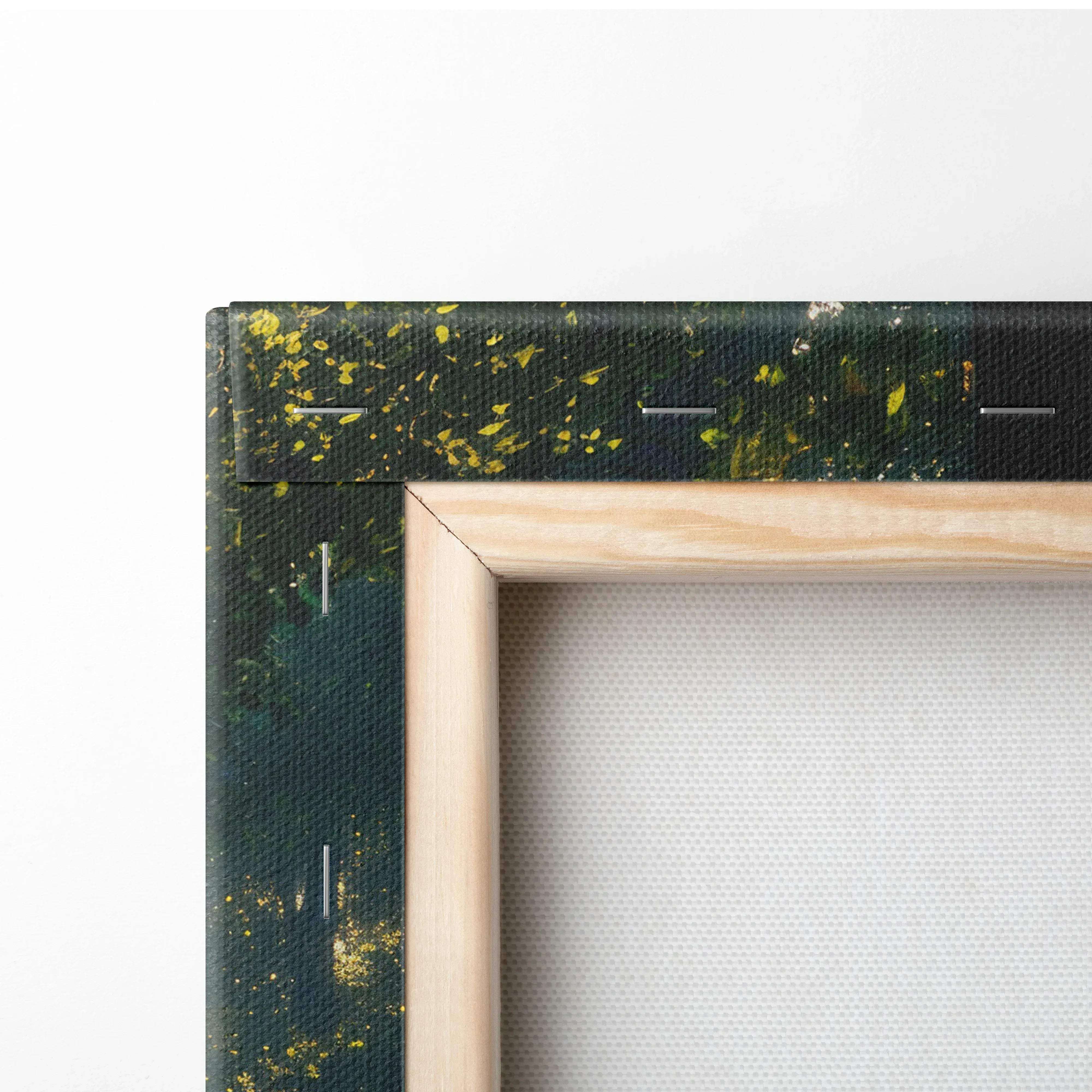 Light-colored wooden frame holding a canvas print with dark green and yellow abstract splatter design for serene home decor