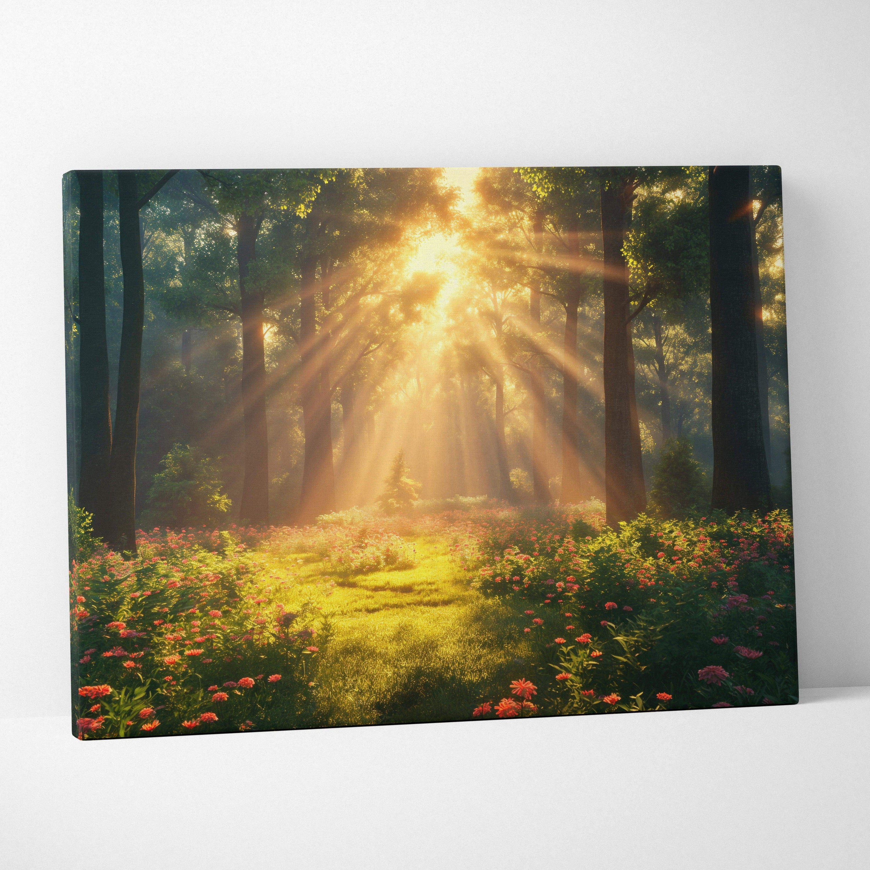 Canvas wall art featuring a serene forest sunset with sun rays shining through tall trees and wildflowers, perfect living.