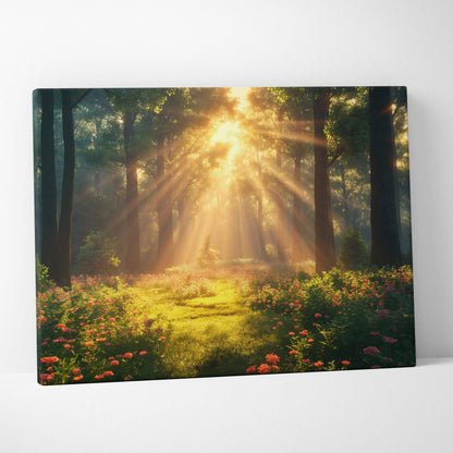 Canvas wall art featuring a serene forest sunset with sun rays shining through tall trees and wildflowers, perfect living.