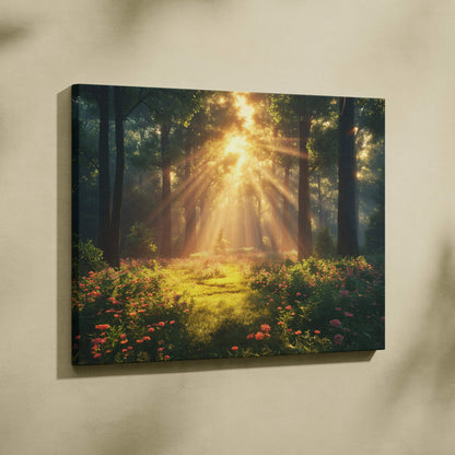 Serene forest sunset canvas wall art with golden sunlight streaming through trees and colorful flowers.