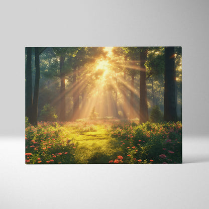 Serene forest sunset with sun rays through trees on canvas wall art decor.