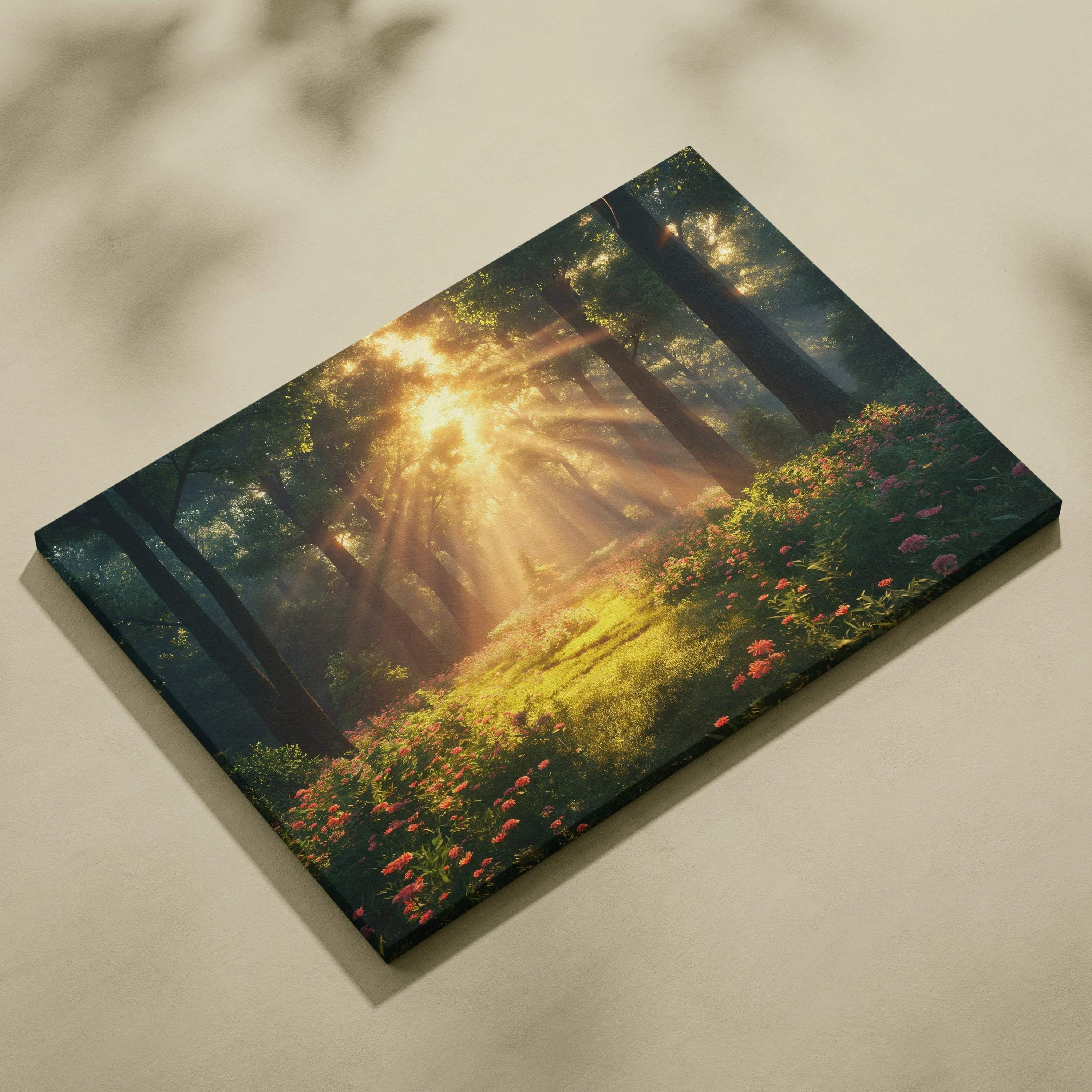 Serene forest sunset canvas wall art with sun rays and wildflowers decor.