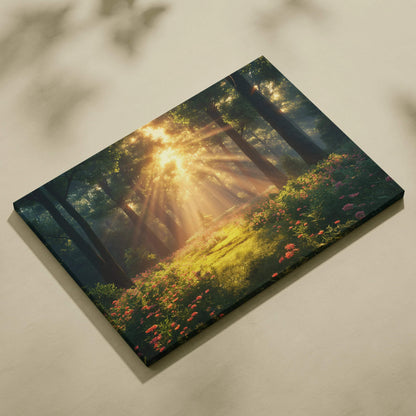 Serene forest sunset canvas wall art with sun rays and wildflowers decor.