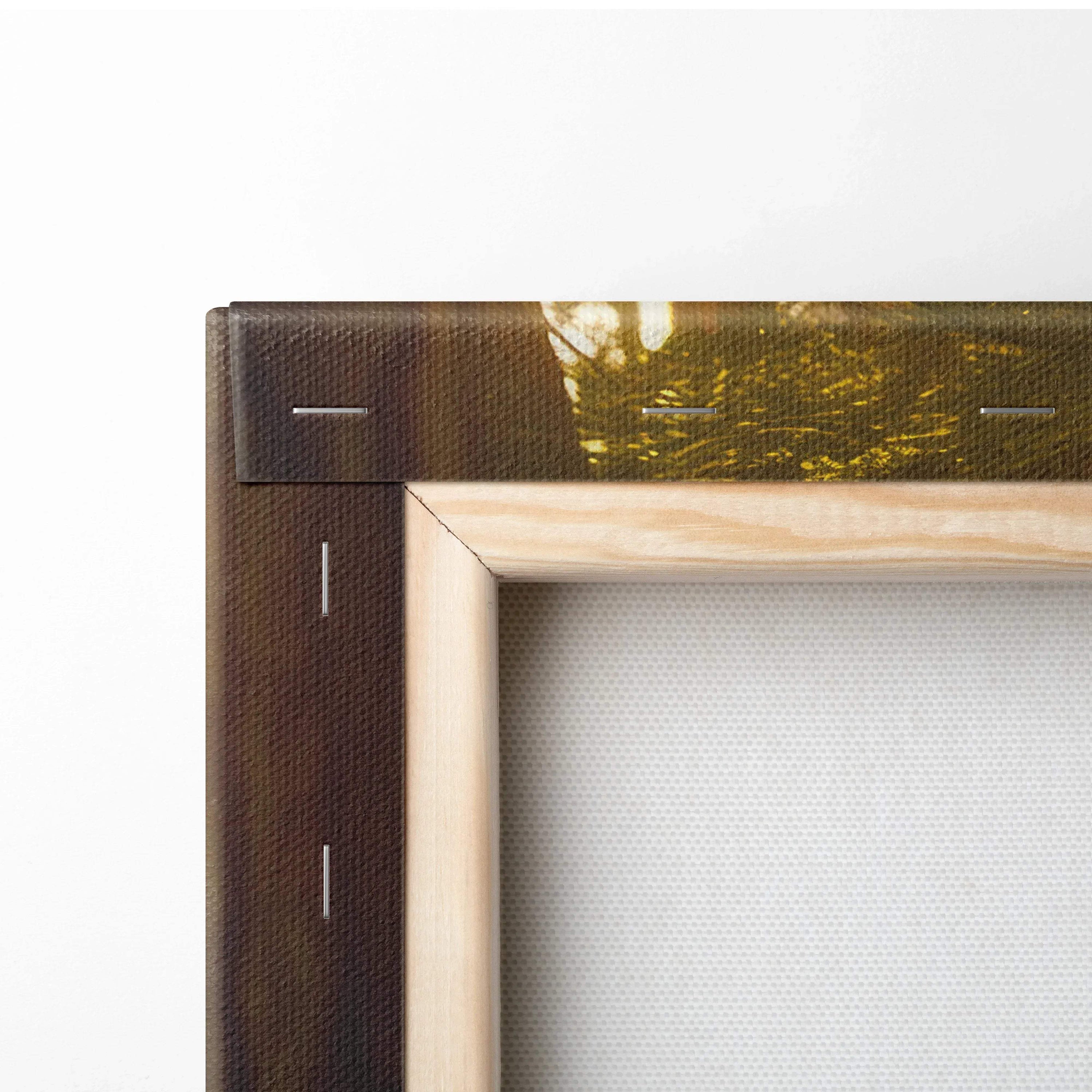 Close-up of forest sunrays canvas wall art corner with wooden frame and golden light decor.