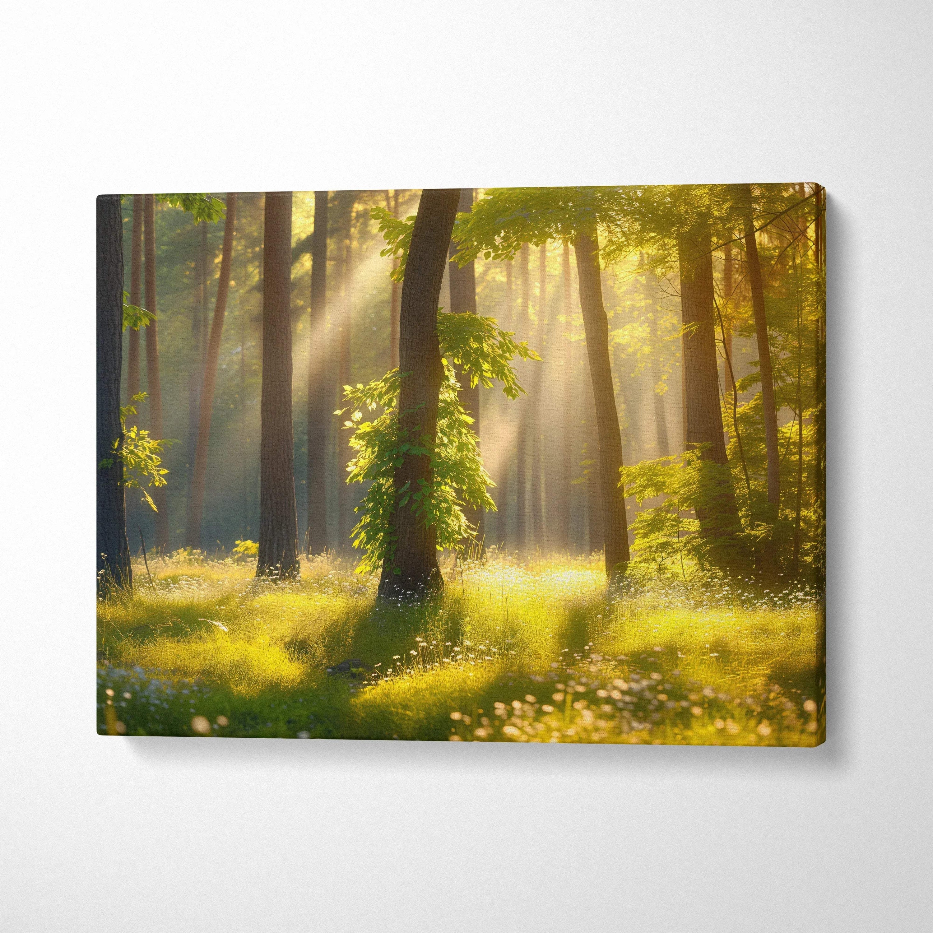 Forest landscape canvas wall art with ancient trees and golden sunrays filtering through dense greenery.