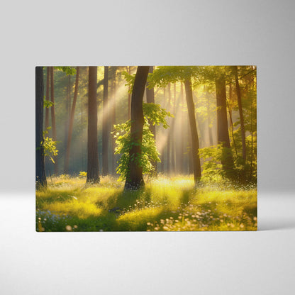 Canvas wall art depicting ancient forest trees with golden sunrays and glowing light decor.