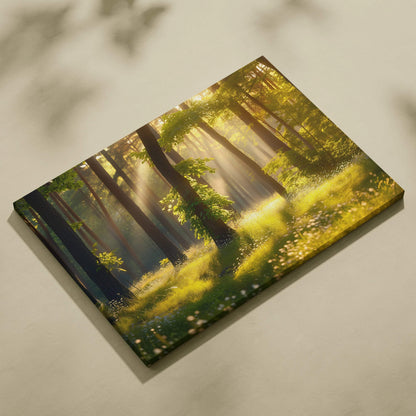 Canvas wall art featuring ancient forest trees bathed in golden sunrays, natural decor piece.