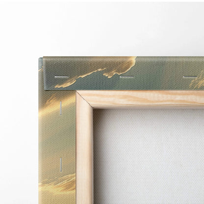 Light wood-framed canvas with green gold abstract border mountain sunrise peaks valleys