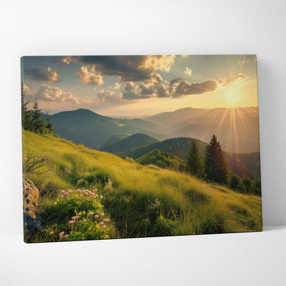 Canvas print of magnificent mountain peaks and valleys at golden hour sunrise
