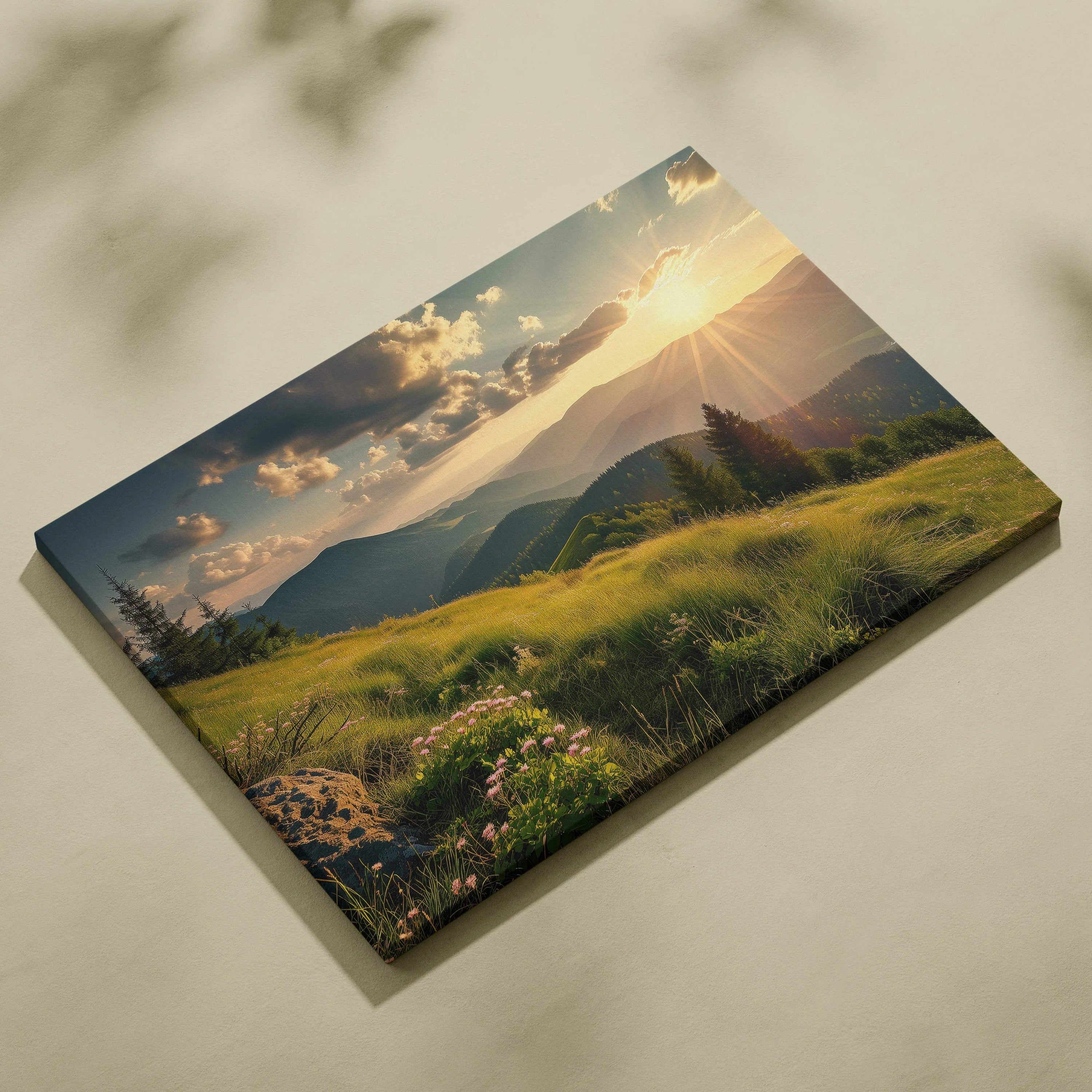 Canvas wall art of magnificent mountain peaks and valleys at golden hour sunrise