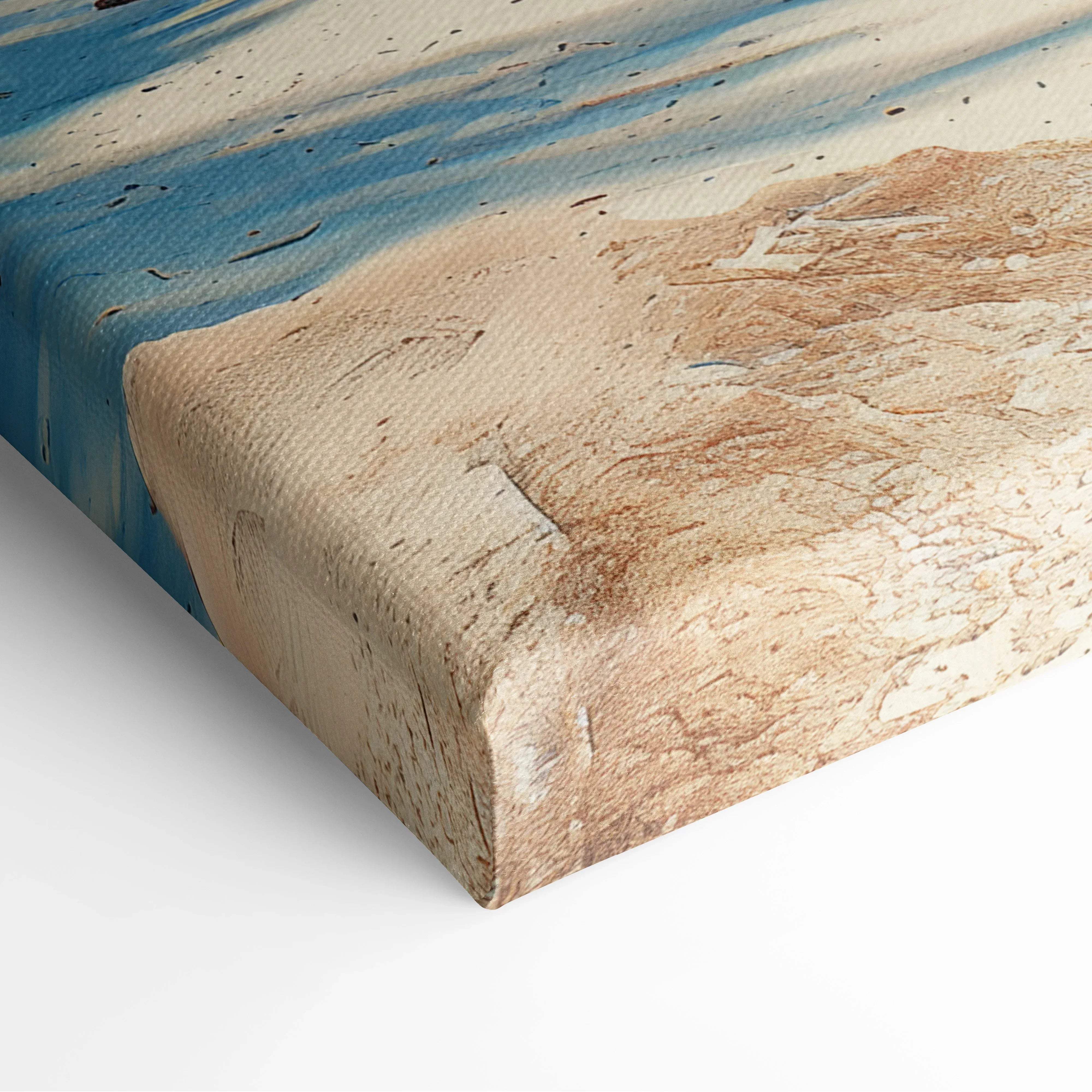 Beige and blue textured canvas print of California beach palm trees and turquoise ocean
