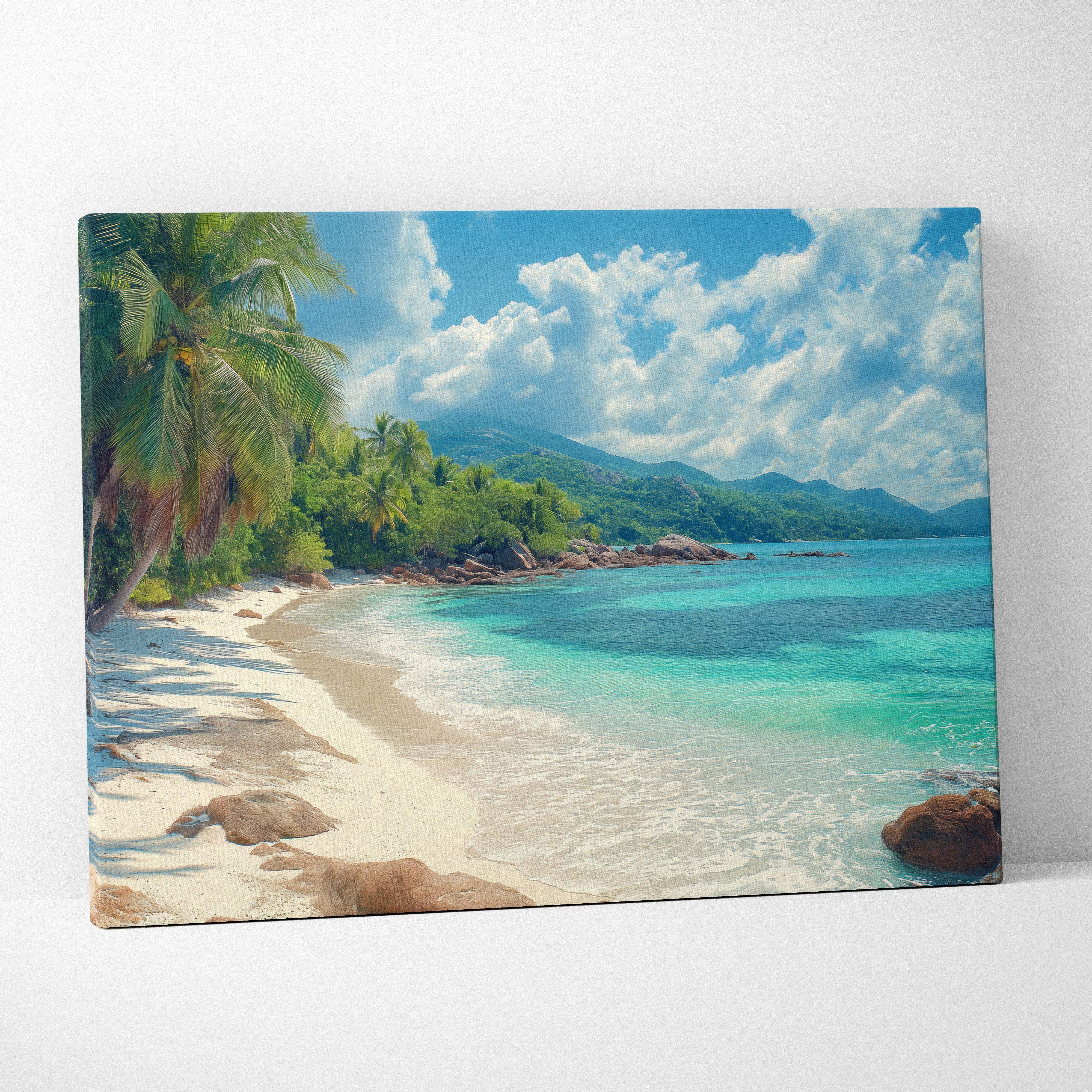 Tropical California beach canvas print with turquoise ocean, palms, white sand
