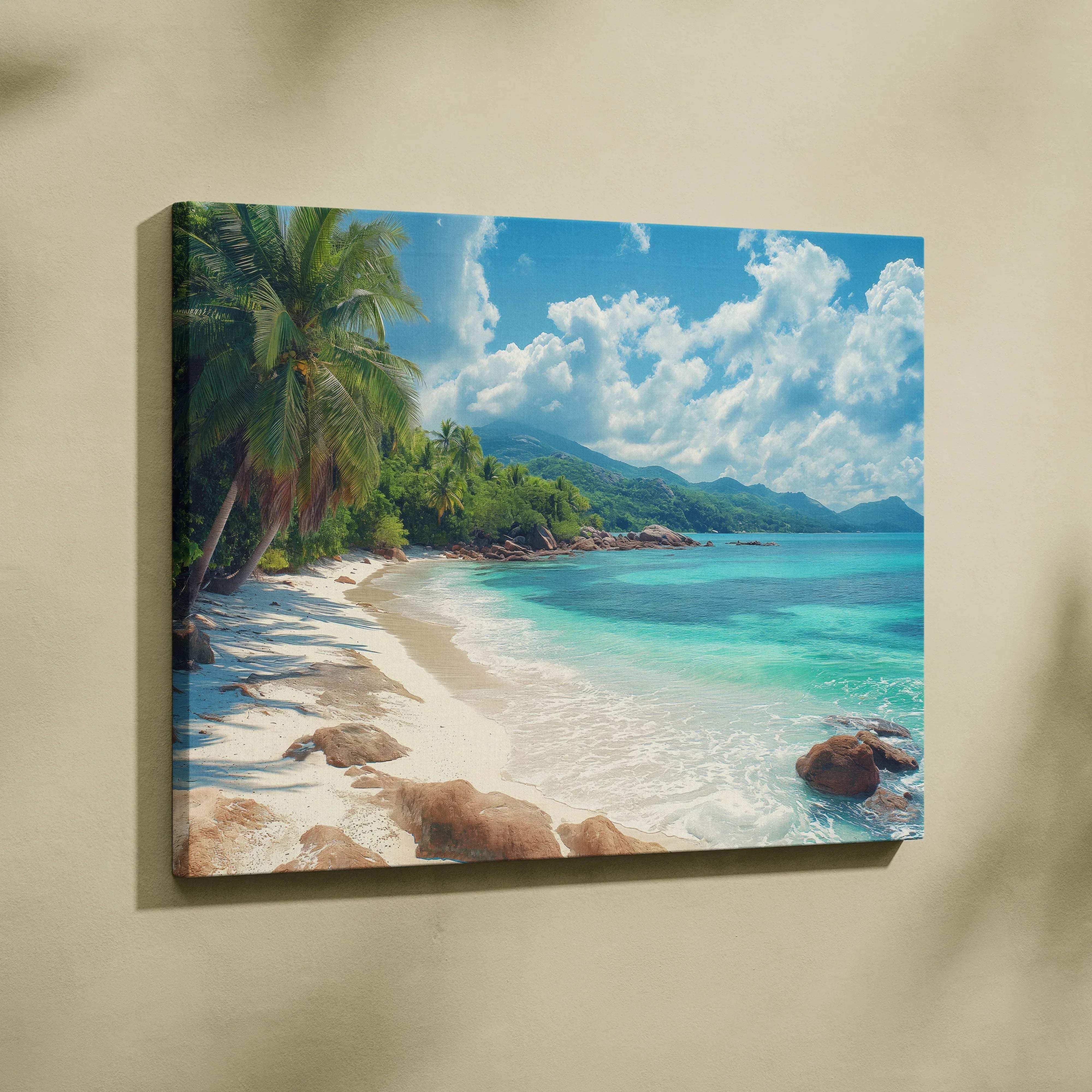 Canvas print of turquoise ocean, white sand beach, palm trees under blue sky