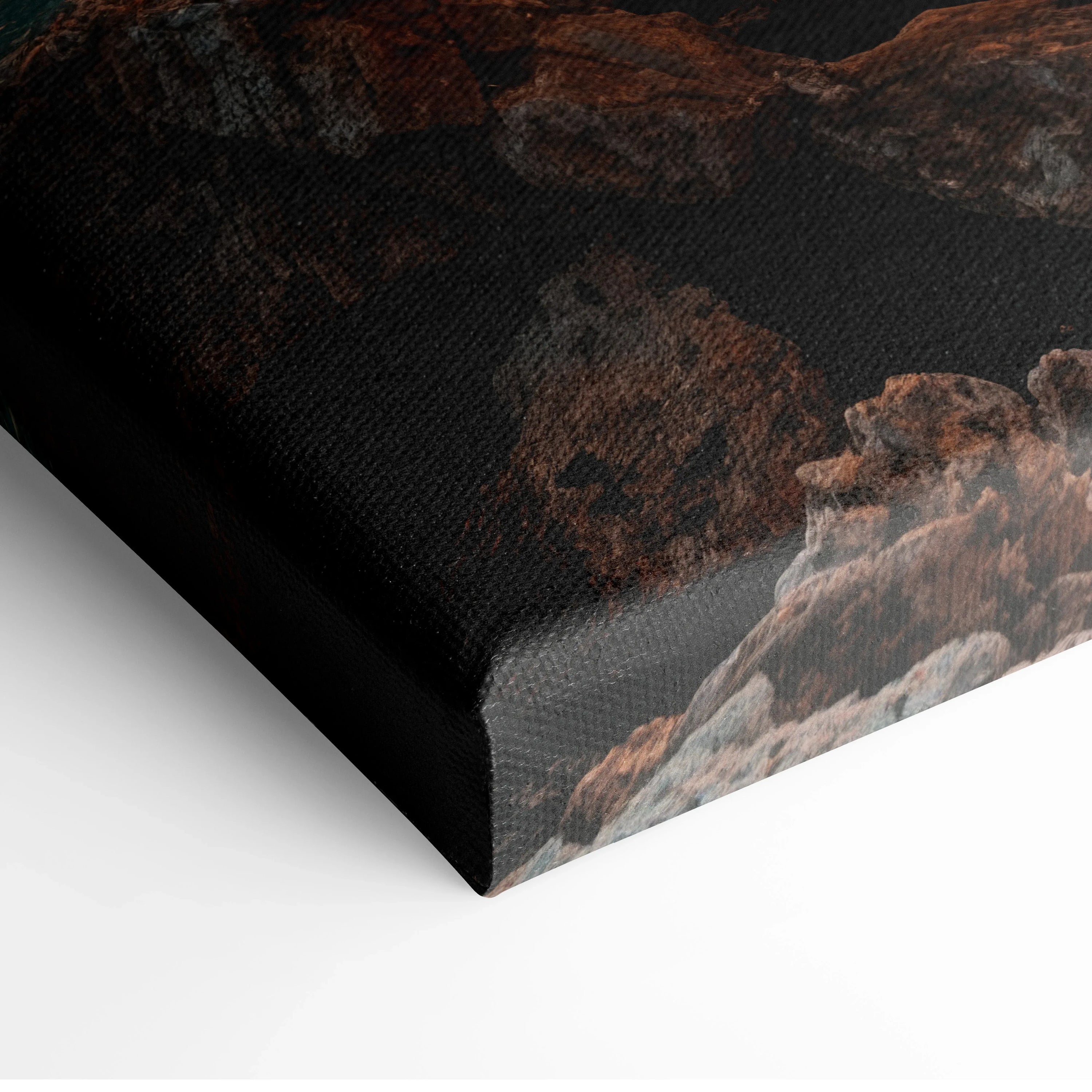 Close-up of textured canvas art featuring dark brown and black abstract sunset beach scene for wall art decor.