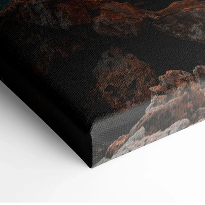 Close-up of textured canvas art featuring dark brown and black abstract sunset beach scene for wall art decor.