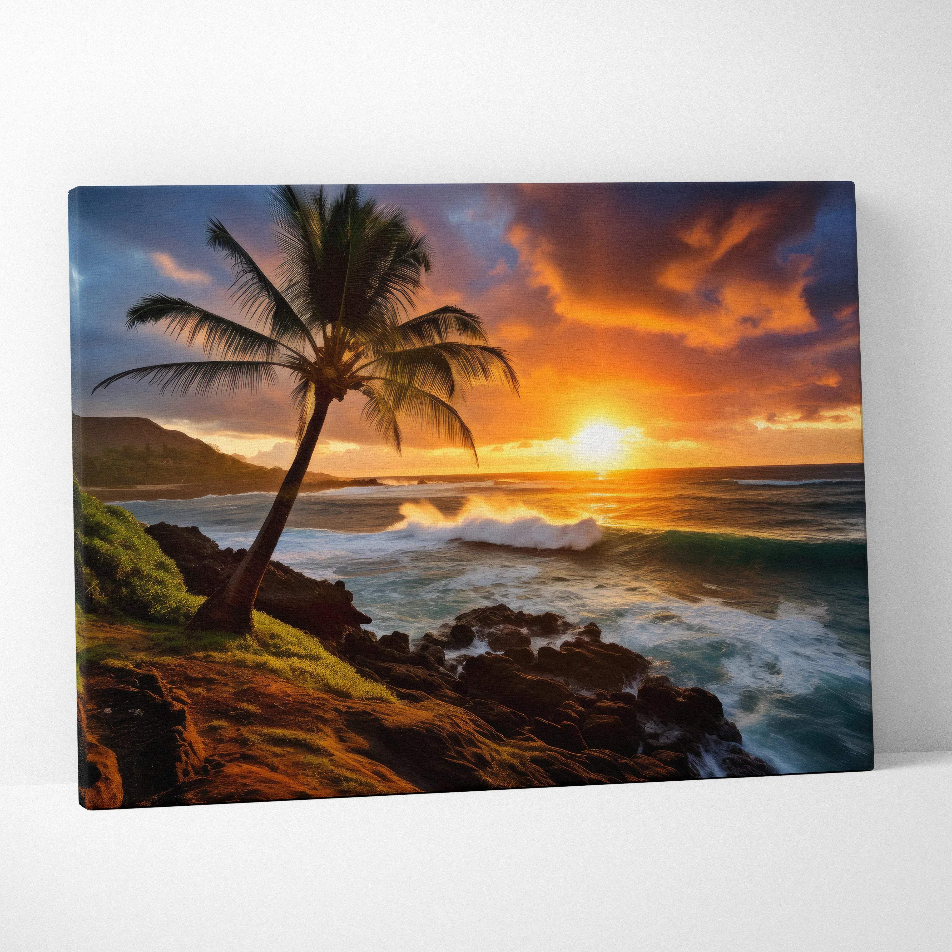 Vibrant sunset coastal canvas print with silhouetted palm tree over ocean waves