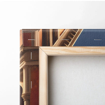 Canvas wall art close-up of wooden frame corner with digital architecture print details.