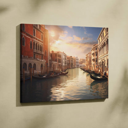 Venetian canal scene canvas wall art with gondolas and historic buildings at sunset.