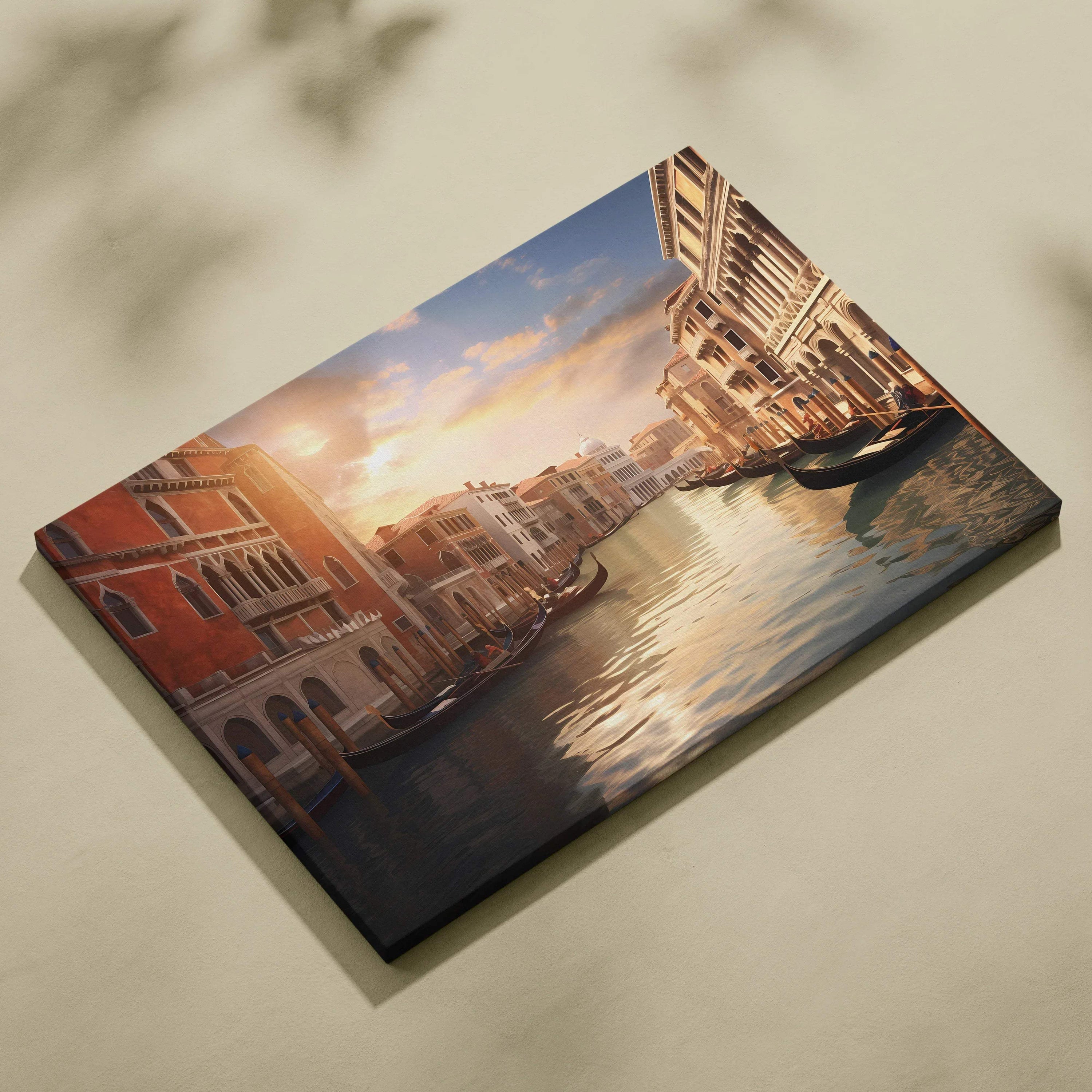 Canvas wall art print featuring a sunlit canal scene with historic colorful buildings and gondolas.