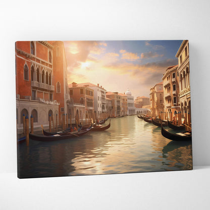 Canvas wall art featuring a serene Venetian canal with gondolas and historic buildings at sunset.