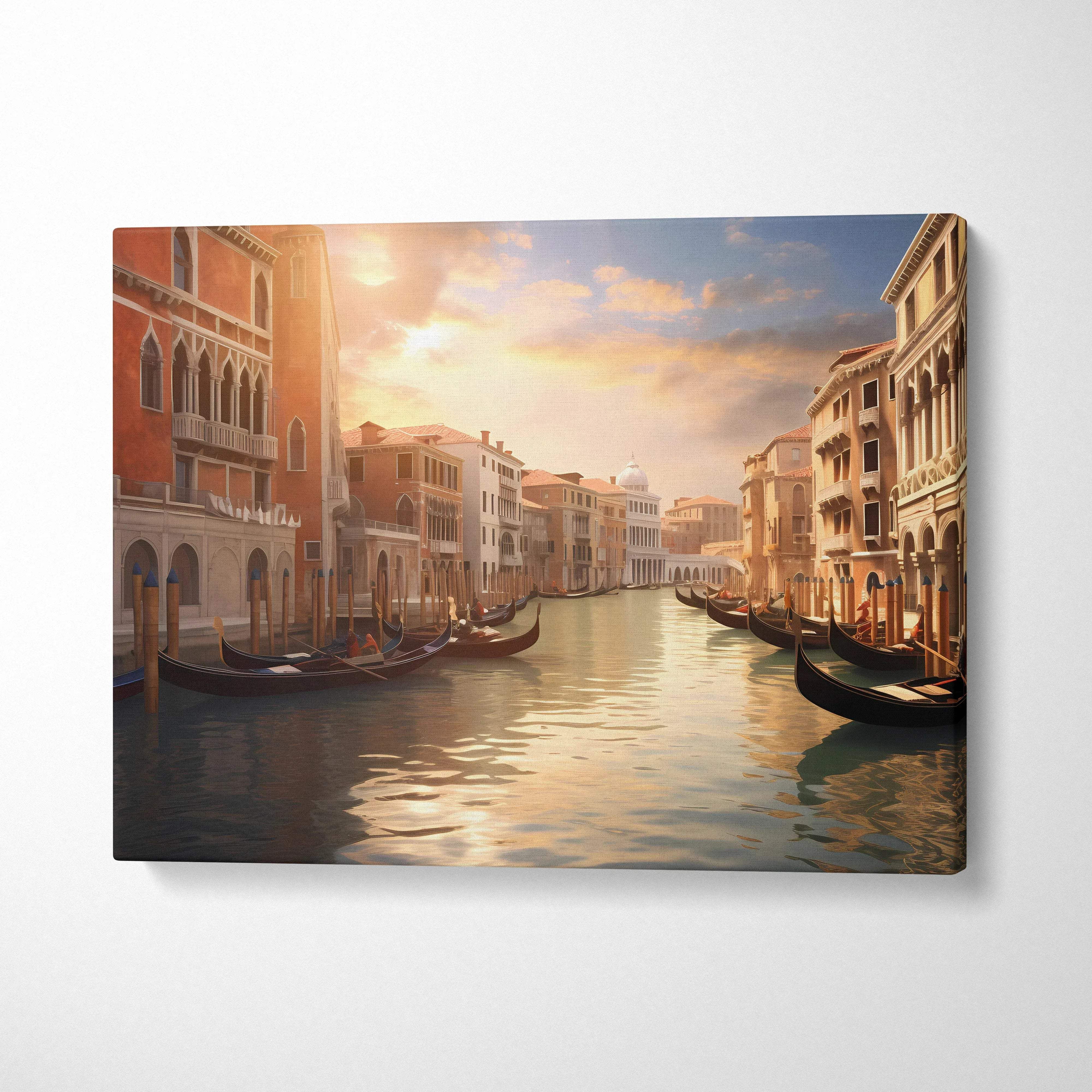 Canvas wall art featuring a sunlit Venetian canal with gondolas and historic buildings at sunset.