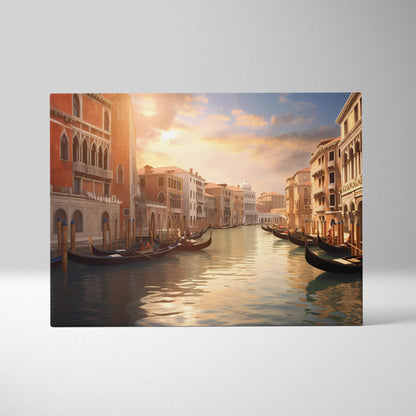 Canvas wall art featuring a sunlit Venetian canal with gondolas and historic buildings at sunset.