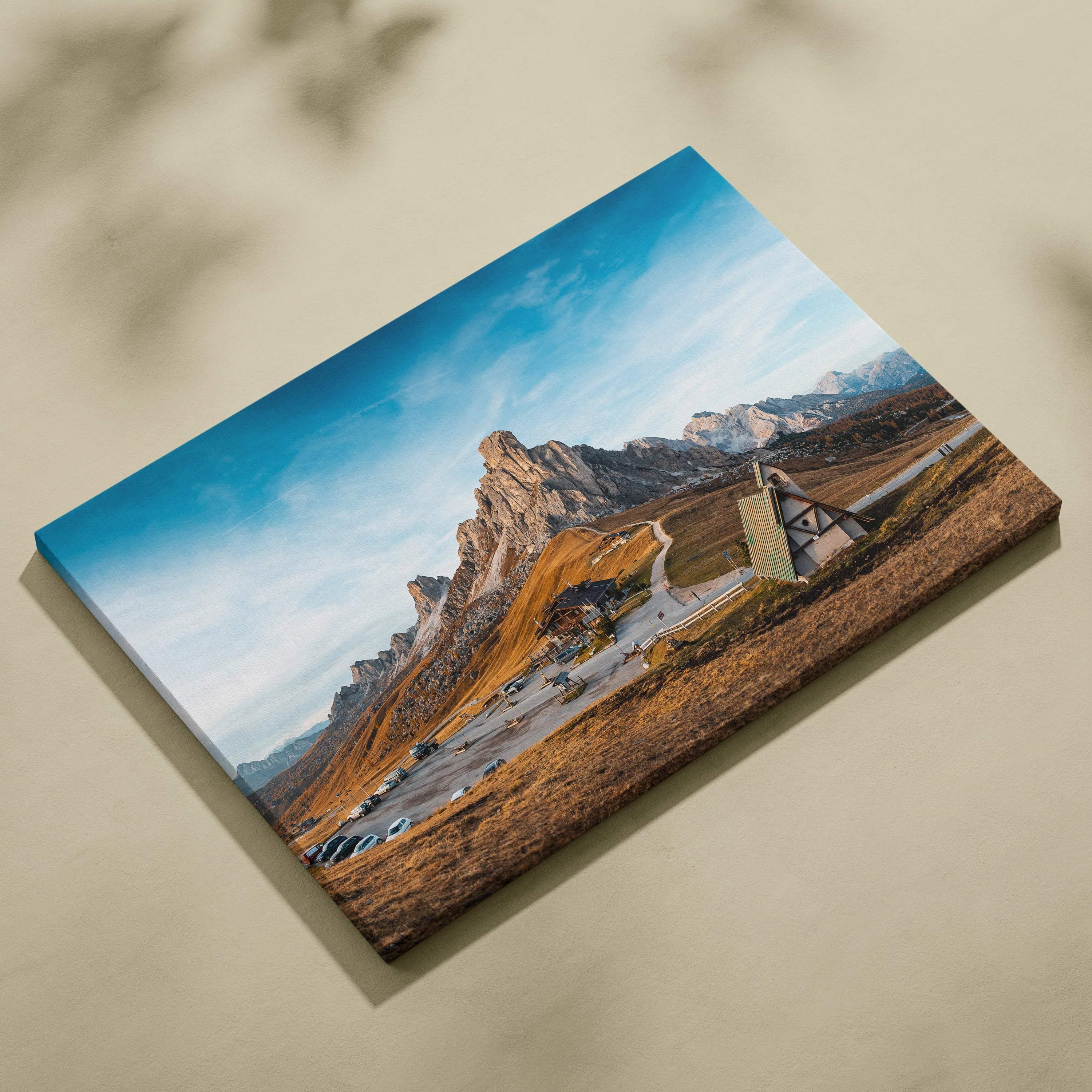 Canvas print of Dolomite Peaks, Giau Pass church in golden hour