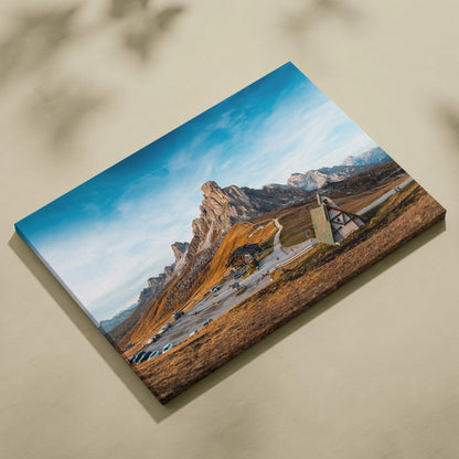 Canvas print of Dolomite Peaks, Giau Pass church in golden hour
