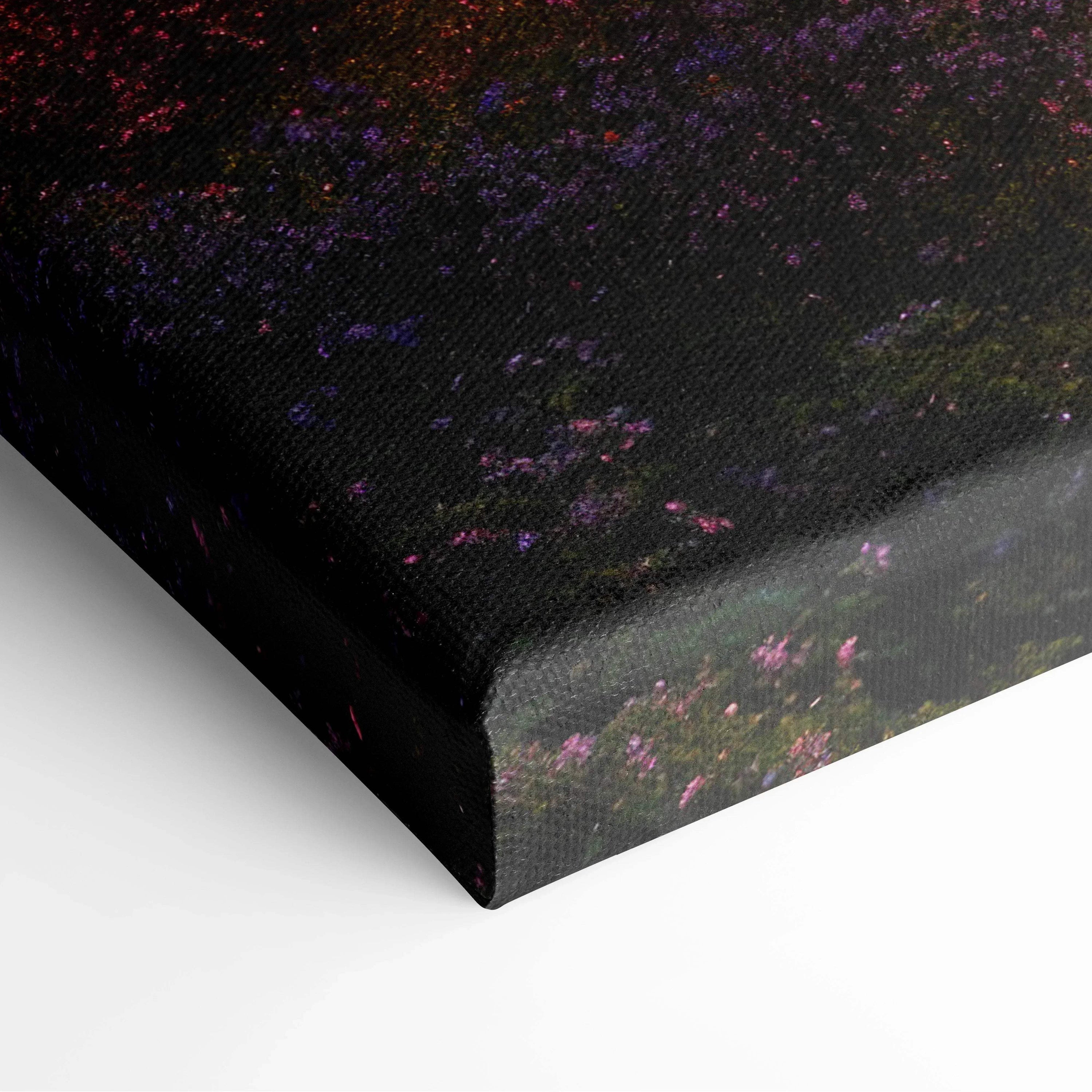 Close-up of dark forest sunset canvas wall art corner with purple and red hues, decorative home art decor.