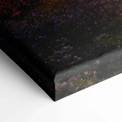Close-up of dark forest sunset canvas wall art corner with purple and red hues, decorative home art decor.